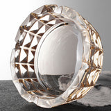 Side view of amber cut crystal ashtray, heavy decorative glass ashtray for table or lounge