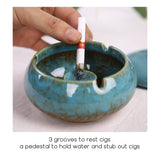 Cute Outdoor Ashtray with Lid Cool Ceramic Ash Tray Smokeless Windproof Covered Lidded Blue