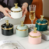 Cute Ceramic Ashtray with Lid Gold Bear Windproof Covered Lidded Ash Tray Smokeless Handmade Nordic 