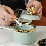 Cute Ceramic Ashtray with Lid Gold Bear Windproof Covered Lidded Ash Tray Smokeless Handmade Nordic light green