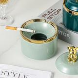 Cute Ceramic Ashtray with Lid Gold Bear Windproof Covered Lidded Ash Tray Smokeless Handmade Nordic light green