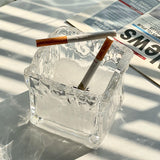 Cute Glass Ashtray Square Transparent Ash Tray Minimalist Home Decor Handmade Vintage Glacier Surface Pattern