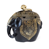 Black elephant resin ashtray with lid and vintage-style decorative finish