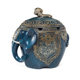 Blue decorative elephant resin ashtray with ornate lid and gold-tone details