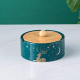 Green Ceramic Outdoor Ashtray with Bamboo Lid Covered Windproof