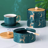 Green Ceramic Outdoor Ashtray with Bamboo Lid Covered Windproof