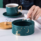 Green Ceramic Outdoor Ashtray with Bamboo Lid Covered Windproof