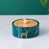 Green Ceramic Outdoor Ashtray with Bamboo Lid Covered Windproof