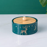 Green Ceramic Outdoor Ashtray with Bamboo Lid Covered Windproof