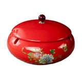 Red ceramic outdoor ashtray with lid and floral painting, large vintage smokeless design