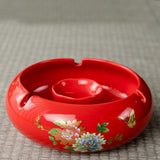 Red ceramic ashtray without lid, large floral outdoor ashtray with center holder