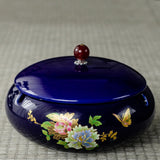 Blue ceramic ashtray with lid, large vintage floral outdoor ashtray