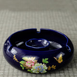 Blue ceramic ashtray without lid, glossy floral ceramic ashtray for outdoor smoking