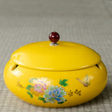 Yellow ceramic ashtray with lid, large floral smokeless ashtray for patio or balcony