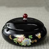 Black ceramic ashtray with lid, large floral outdoor ashtray with smokeless cover