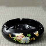 Black ceramic ashtray without lid, glossy floral ceramic ashtray for cigarettes