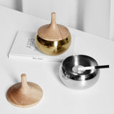 Metal Ashtray with Wooden Lid Stainless Steel Ash Tray Covered Windproof Smokeless Gold Silver