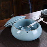 Outdoor Ashtray with Lid 4.7-inch (Cracked Ice Pattern) Ceramic Blue