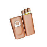 Brown leather travel cigar case opened with cigars and built-in cutter