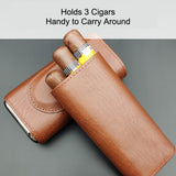 Brown leather travel cigar case holding 3 cigars