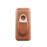 Closed brown leather cigar case on white background