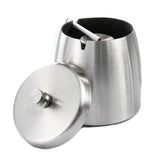 Silver stainless steel ashtray with removable lid and middle pedestal on white background