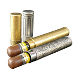 Engraved metal cigar tubes holding cigars in gold and silver finishes