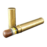 Gold metal cigar tube holding a cigar