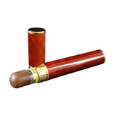 Red metal cigar tube holding a cigar