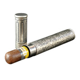 Silver engraved metal cigar tube holding a cigar