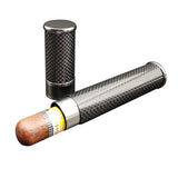Black metal cigar tube holding a cigar