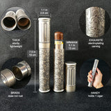 Collage showing engraved metal cigar tubes from multiple angles