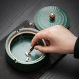 Vintage Ashtray with Lid for Outdoor Porch Ceramic Hammered Surface Ash Tray Windproof Covered Lidded Smokeless