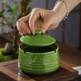 Ashtray with Lid for Outdoor Ceramic Celadon Green Smokeless Covered Lidded Ash Tray green