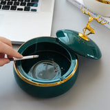 Elegant Elk Ashtray with Lid Ceramic Green White Smokeless Covered Lidded Handmade Home Decor Windproof