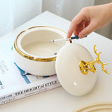 Elegant Elk Ashtray with Lid Ceramic Green White Smokeless Covered Lidded Handmade Home Decor Windproof