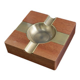 Square wood and metal cigar ashtray with polished metal center and 2 cigar rests