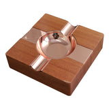 Square wood and rose gold metal cigar ashtray with polished center bowl