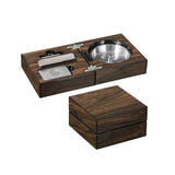 Walnut cigar travel set with stainless steel ashtray and closed gift box on white background