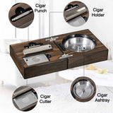 Cigar travel set infographic showing ashtray, cutter, punch, and cigar holder