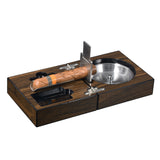 Walnut cigar travel set shown open with cigar resting beside the ashtray