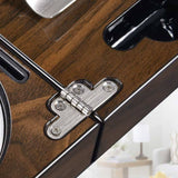 Close-up of metal hinge detail on walnut cigar travel box