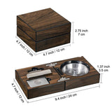 Size chart of rectangular walnut cigar travel set with dimensions