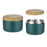 Nordic outdoor ashtray with bamboo lid, teal body, and removable stainless steel insert