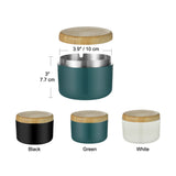 Compact teal covered ashtray with bamboo lid and stainless steel insert for easy cleaning