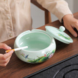 outdoor ashtray with lid ceramic ash tray smokeless windproof green chinese painting handmade