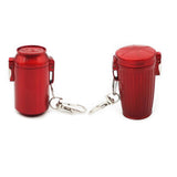 Red metal pocket ashtray in can and bin styles with keychain, compact lidded ash container for travel and outdoor smoking