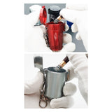 Red and silver pocket ashtrays shown in use, portable metal lidded ashtray for clean outdoor smoking