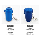 Blue can-style and bin-style pocket ashtray size comparison, small metal keychain ashtray for travel