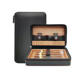 Black leather travel cigar humidor case opened to show cedar-lined interior
